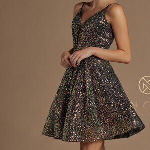 Black MULTI SEQUIN LACE UP BACK Party Formal Prom  Short Wedding DRESS Nx703